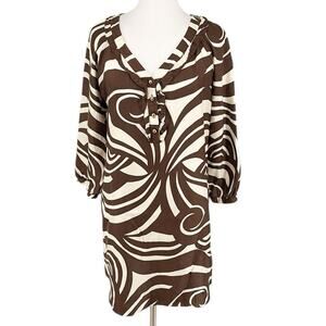 Skirtin Around Womens Brown Cream Printed Silk Dress 3/4 Sleeves Size 14